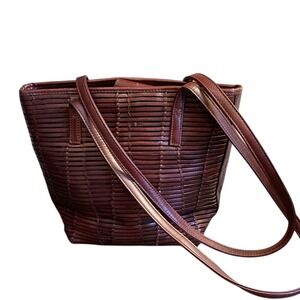 Coletta Brown Woven Leather Double Strap Shoulder Bag Purse Classic Multi Season